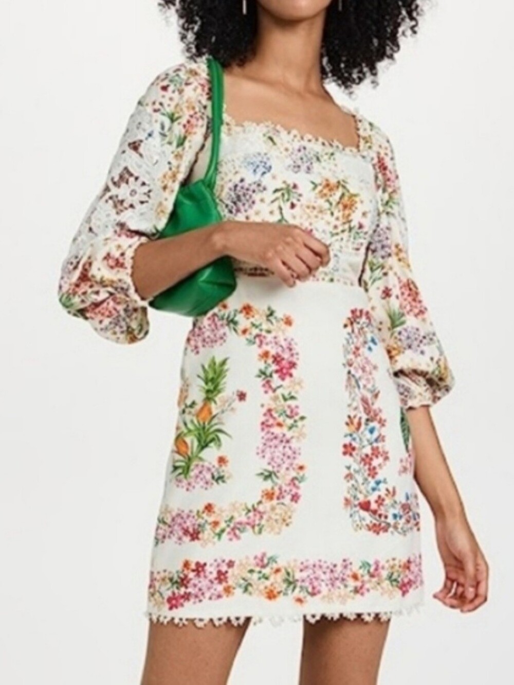 Floral Lace-Trim Square Neck Mini Dress in White